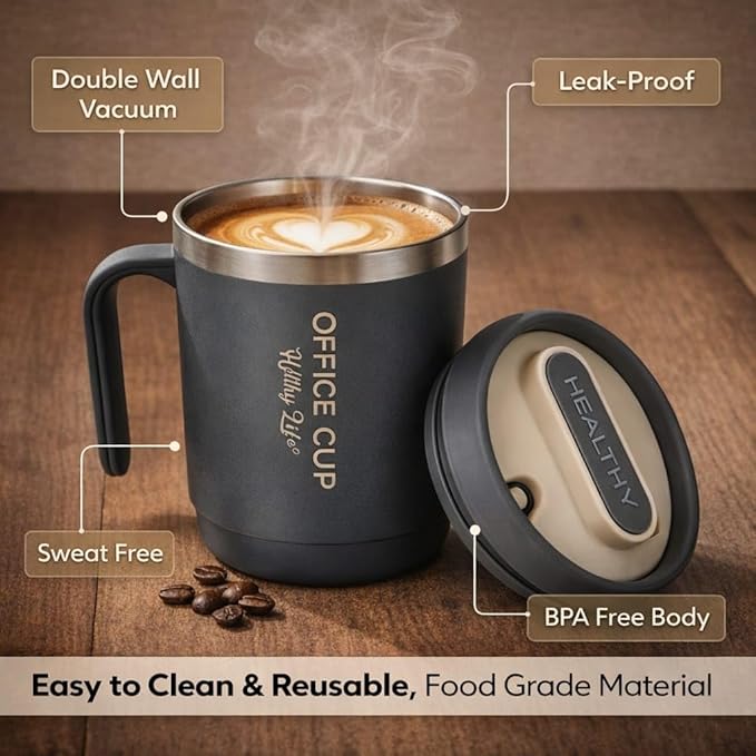 Stainless Steel Coffee Mug with Leakproof Lid, Double-Wall Insulation, Reusable Hot and Cold Beverages, Lightweight and Easy to Clean, Ideal for Office, Home, Outdoor Adventures, Daily Use, Comfortable Drinking Experience