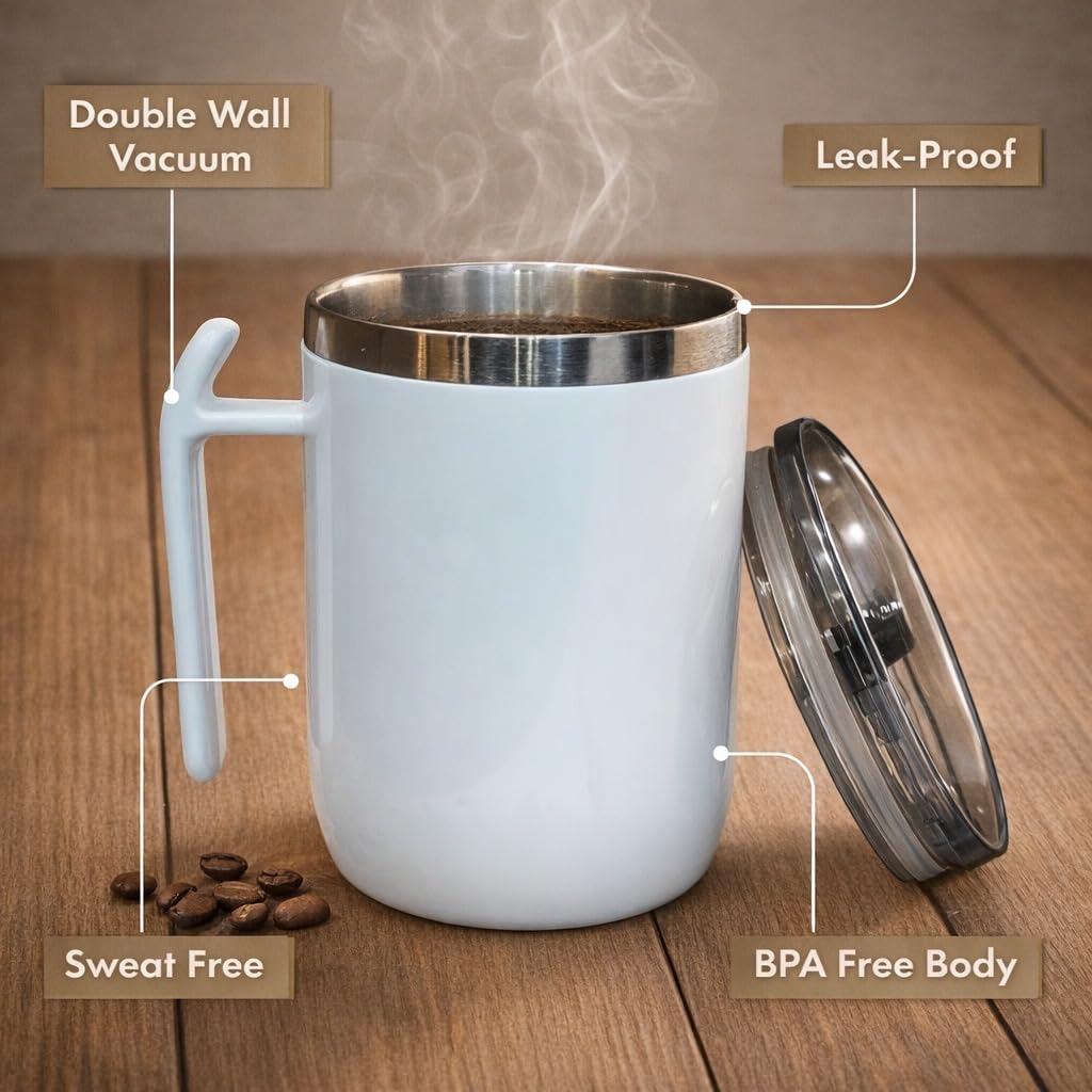 Stainless Steel Coffee Mug with Leakproof Lid, Double-Wall Insulation, Reusable Hot and Cold Beverages, Lightweight and Easy to Clean, Ideal for Office, Home, Outdoor Adventures, Daily Use, Comfortable Drinking Experience