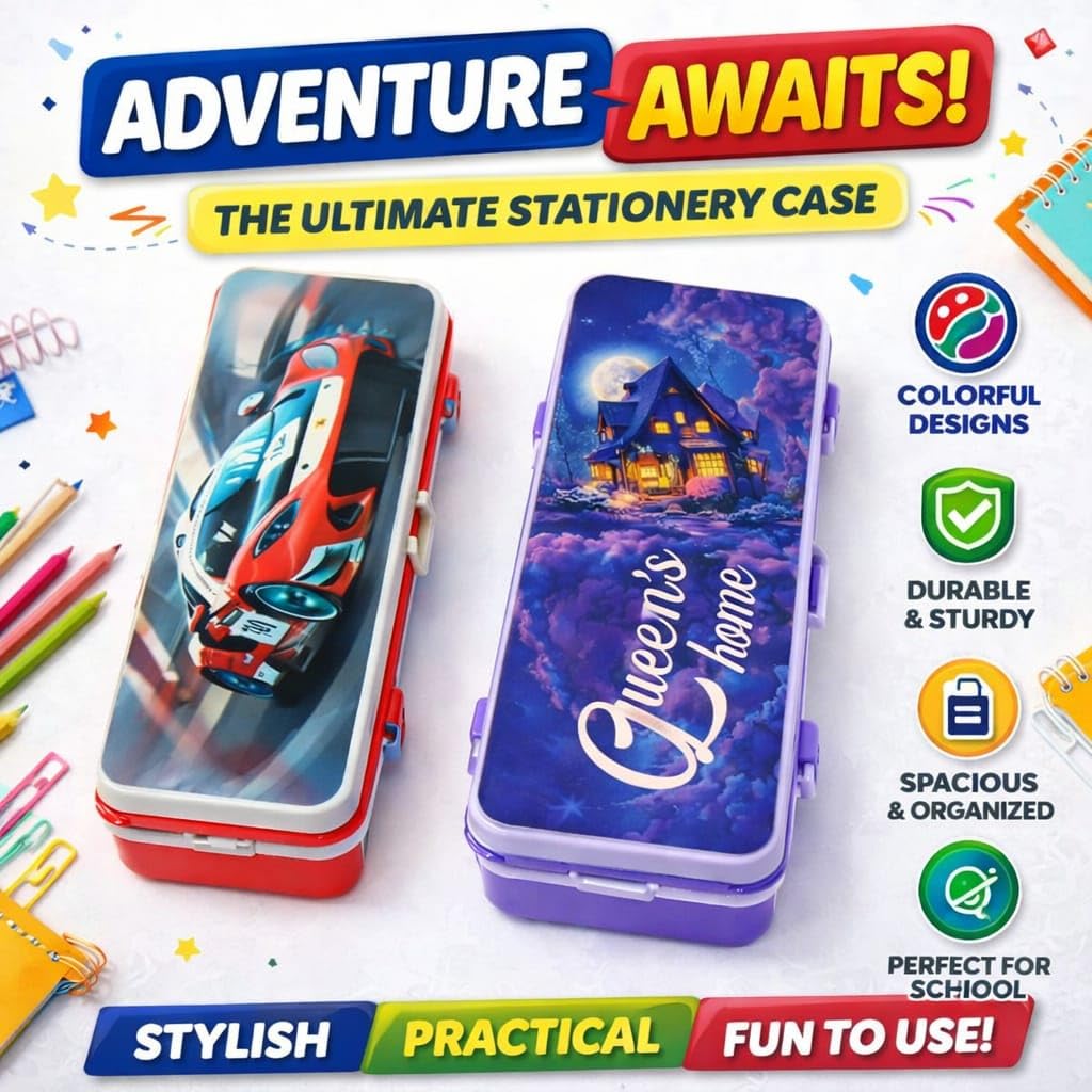 Plastic Pencil Box for Kids, Durable School Stationery Organizer with Spacious Compartments, Lightweight Design, Secure Closure, Attractive Colors, Easy to Carry, Ideal for Students, Office Use, Art Supplies, Travel, Classroom, Storage, Multipurpose Case